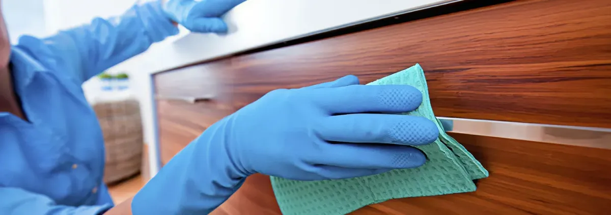 Cleaner wearing blue gloves wiping a wooden cabinet drawer with a microfiber cloth for dust and grime removal, Salt Lake City, UT.